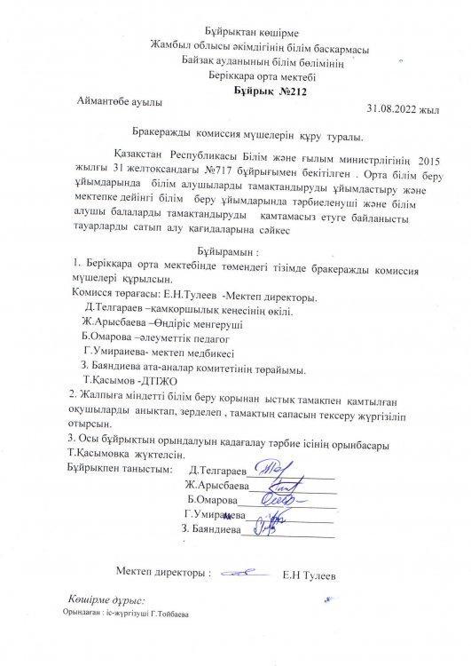 Бракеражды комиссия мүшелерін құру туралы.