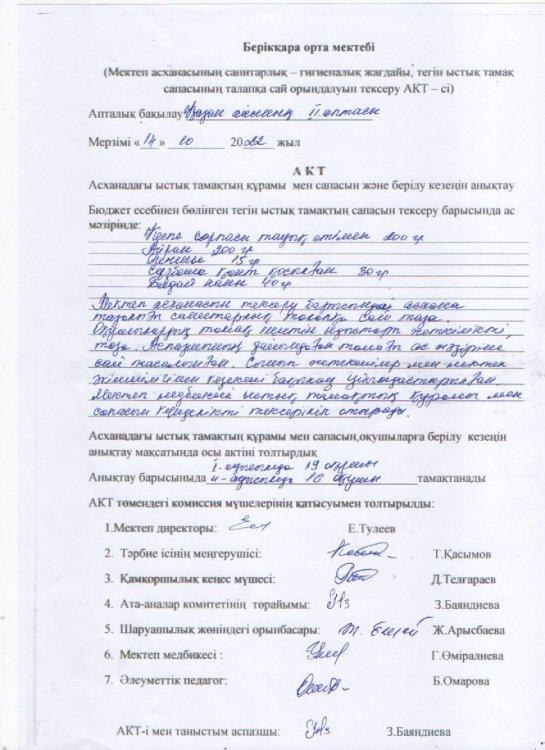 Мектеп асханасының санитарлық-гигиеналық жағдайы,тегін ыстық тамақ сапасының талапқа сай орындалуын тексеру АКТ-сі