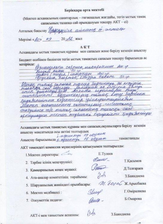 Мектеп асханасының санитарлық-гигиеналық жағдайы,тегін ыстық тамақ сапасының талапқа сай орындалуын тексеру АКТ-сі