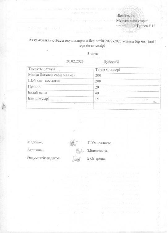 Аз қамтылған отбасы оқушыларына берілетін 2022-2023 жылға бір мезгілді 1 күндік ас мәзірі