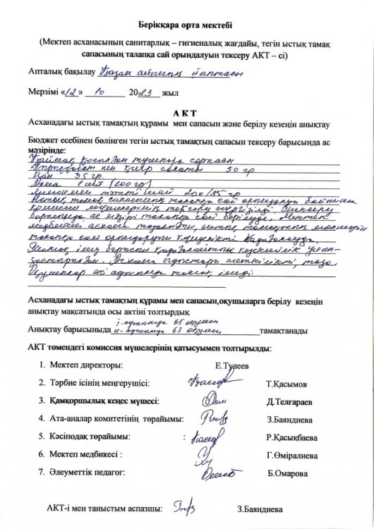 Мектеп асханасының санитарлық-гигиеналық жағдайы,тегін ыстық тамақ сапасының талапқа сай орындалуын тексеру АКТ-сі