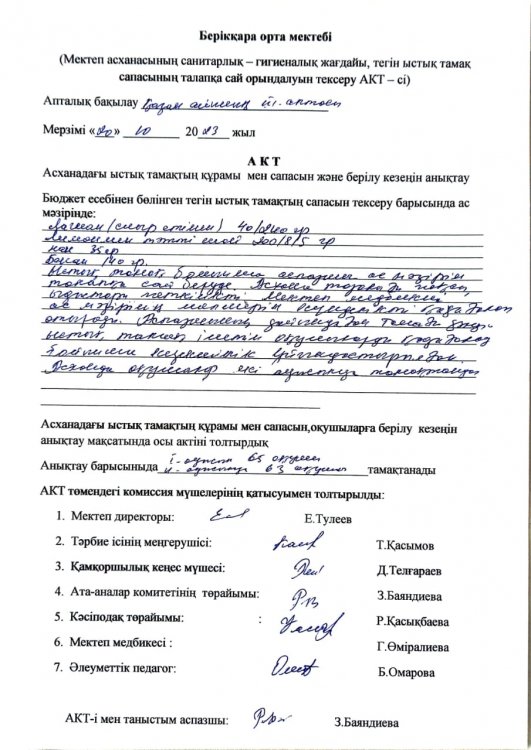 Мектеп асханасының санитарлық-гигиеналық жағдайы,тегін ыстық тамақ сапасының талапқа сай орындалуын тексеру АКТ-сі
