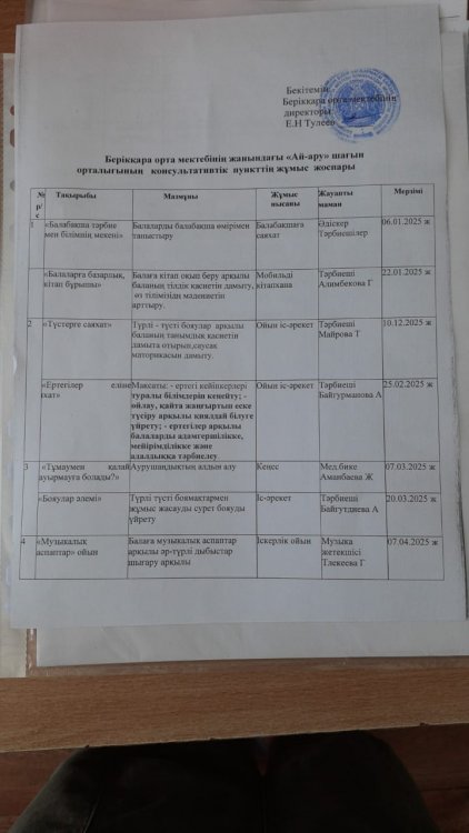 Берікқара орта мектебінің жанындағы "Ай-ару" шағын орталығының консультативтік пунктің жұмыс жоспары.